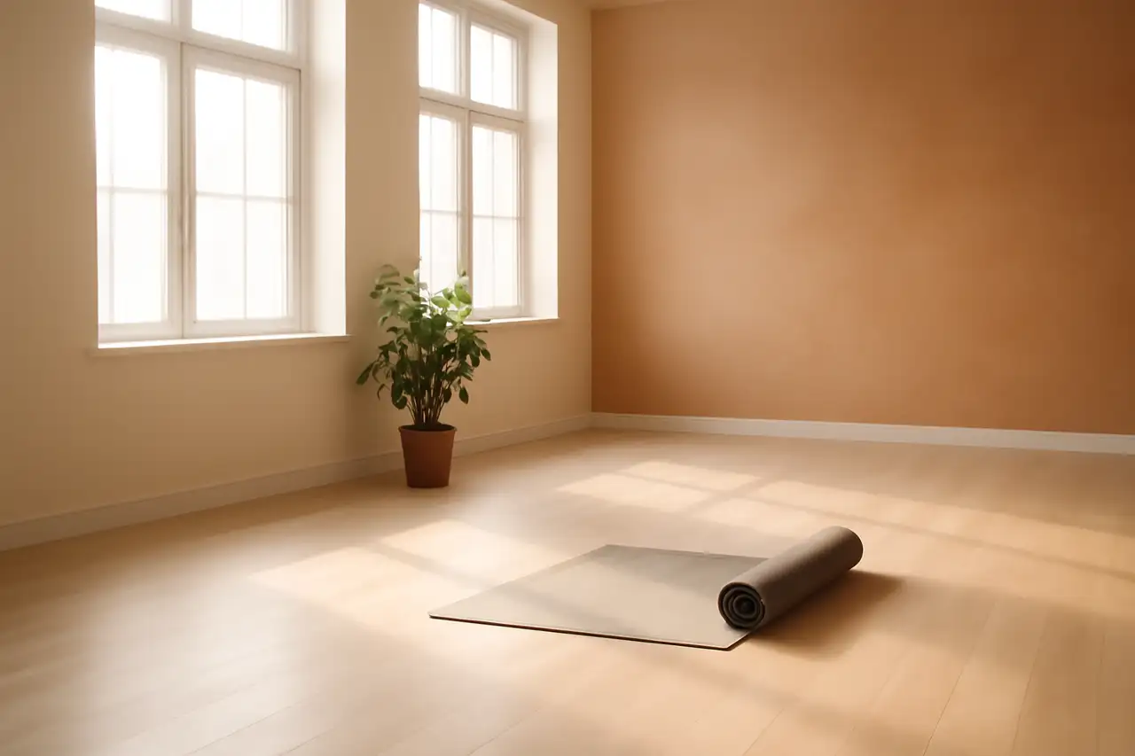 Bright studio with a wooden floor, rolled mat and a plant by the window